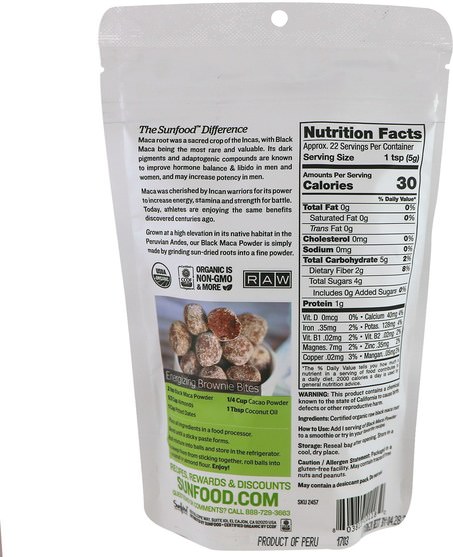 健康，男人，瑪卡 - Sunfood, Raw Organic Black Maca Powder, 4 oz (113 g)