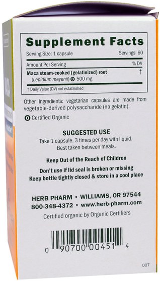 健康，男人，瑪卡，補品，adaptogen - Herb Pharm, Maca, 500 mg, 60 Veggie Caps