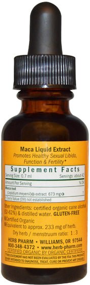 健康，男人，瑪卡，補品，adaptogen - Herb Pharm, Organic Whole Root Maca, 1 fl oz (30 ml)