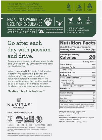 健康，男人，瑪卡，補品，adaptogen - Navitas Organics, Organic Maca Powder, 16 oz (454 g)