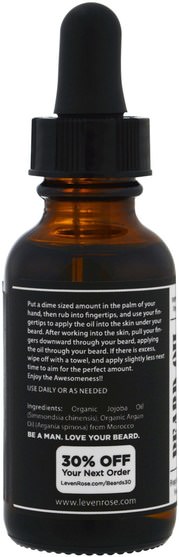 健康，男人，剃須 - Leven Rose, 100% Pure Organic Beard Oil, Fragrance Free, 1 fl oz (30 ml)