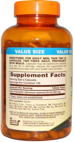 健康，男人 - Sundown Naturals, Saw Palmetto, 450 mg, 250 Capsules