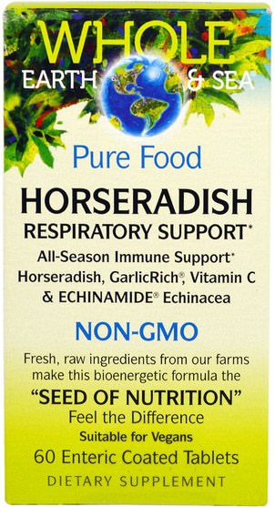 健康，鼻腔健康，辣根，呼吸支持 - Natural Factors, Whole Earth & Sea, Pure Food Horseradish, 60 Enteric Coated Tablets