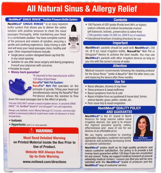 健康，鼻腔健康，鼻腔 - NeilMed, Sinus Rinse, All Natural Relief, 100 Premixed Packets