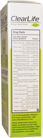 健康，鼻腔健康，鼻腔，補品，順勢療法過敏 - MediNatura, ClearLife, Allergy Relief Spray, 0.68 fl oz (20 ml)