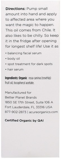 健康，皮膚 - Acure Organics, Organic Rosehip Oil, 1 fl oz (30 ml)