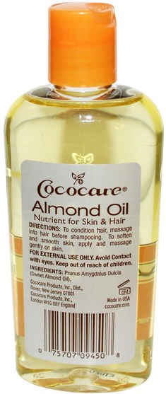 健康，皮膚，杏仁油外用，沐浴，美容，頭髮，頭皮 - Cococare, 100% Natural Almond Oil, 4 fl oz (118 ml)