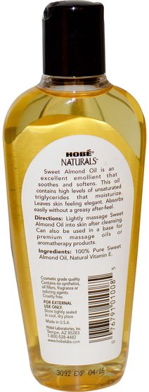 健康，皮膚，杏仁油外用，按摩油 - Hobe Labs, Naturals, Sweet Almond Oil, 4 fl oz (118 ml)