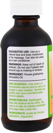 健康，皮膚，鱷梨油 - De La Cruz, Avocado Oil, 100% Pure, 2 fl oz (59 ml)