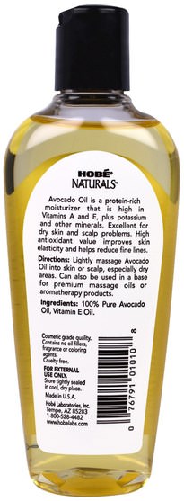 健康，皮膚，鱷梨油，按摩油 - Hobe Labs, Naturals, Avocado Oil, 4 fl oz (118 ml)
