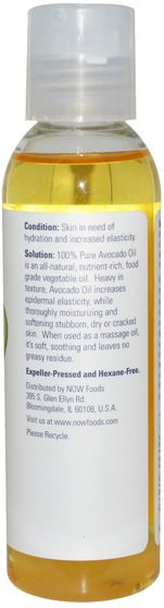 健康，皮膚，鱷梨油，按摩油 - Now Foods, Solutions, Avocado Oil, 4 fl oz (118 ml)