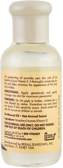 健康，皮膚，沐浴，美容油，身體護理油 - Sundown Naturals, Vitamin E Oil, 70.000 IU, 2.5 fl oz (75 ml)