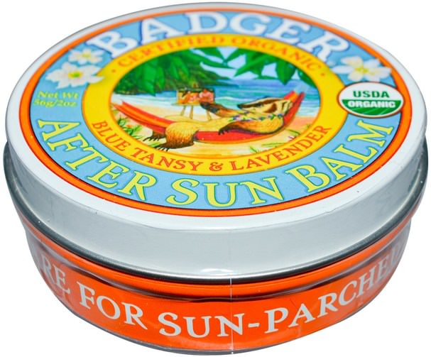 健康，護膚，美容，面部護理，曬傷防曬 - Badger Company, Organic After Sun Balm, Blue Tansy & Lavender, 2 oz (56 g)