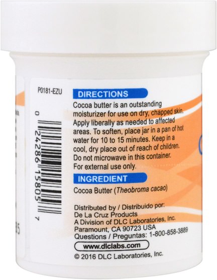 健康，皮膚 - De La Cruz, 100% Cocoa Butter, 2 oz (56.7 g)