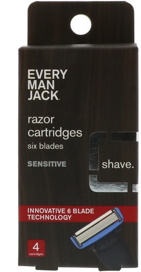 健康，皮膚 - Every Man Jack, Razor Cartridges, Six Blades, Sensitive, 4 Cartridges