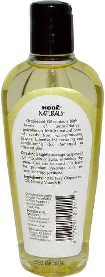 健康，皮膚，葡萄籽油，按摩油 - Hobe Labs, Naturals, Grapeseed Oil, 4 fl oz (118 ml)