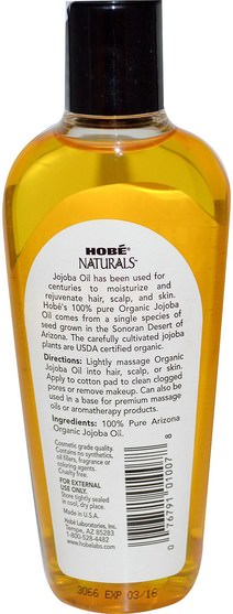 健康，皮膚，荷荷巴油，按摩油 - Hobe Labs, Naturals, Organic Jojoba Oil, 4 fl oz (118 ml)