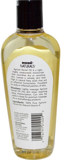 健康，皮膚，按摩油，杏仁油 - Hobe Labs, Naturals, Apricot Kernel Oil, 4 fl oz (118 ml)