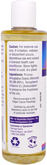 健康，皮膚，按摩油，身體護理油 - Heritage Stores, Sweet Almond Oil, 8 fl oz (240 ml)
