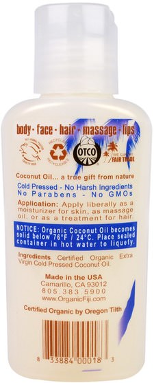 健康，皮膚，按摩油，身體護理油 - Organic Fiji, Organic Cold Pressed Coconut Oil, Fragrance Free, 3 oz (89 ml)