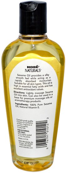 健康，皮膚，按摩油 - Hobe Labs, Naturals, Sesame Oil, 4 fl oz (118 ml)