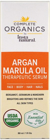 健康，皮膚，按摩油 - InstaNatural, Complete Organics, Therapeutic Serum, Argan Marula Oil, 1 fl oz (30 ml)