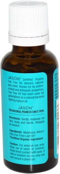 健康，皮膚，按摩油 - Jason Natural, 100% Organic Oil, Tea Tree, 1 fl oz (30 ml)