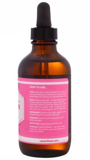 健康，皮膚，按摩油 - Leven Rose, 100% Pure & Organic Argan Oil, 4 fl oz (118 ml)