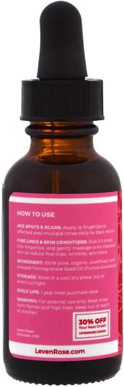 健康，皮膚，按摩油 - Leven Rose, 100% Pure & Organic Pomegranate Seed Oil, 1 fl oz (30 ml)