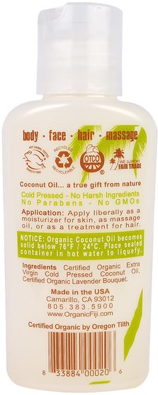 健康，皮膚，按摩油 - Organic Fiji, Organic Raw Oil, Cold Pressed Coconut Oil, Lavender, 3 oz (89 ml)