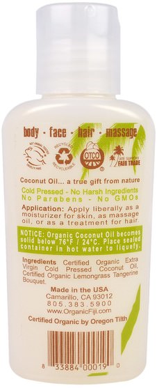 健康，皮膚，按摩油 - Organic Fiji, Organic Raw Oil, Cold Pressed Coconut Oil, Lemongrass Tangerine, 3 oz (89 ml)