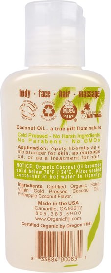 健康，皮膚，按摩油 - Organic Fiji, Raw Oil, Pineapple Coconut, 3 oz (89 ml)