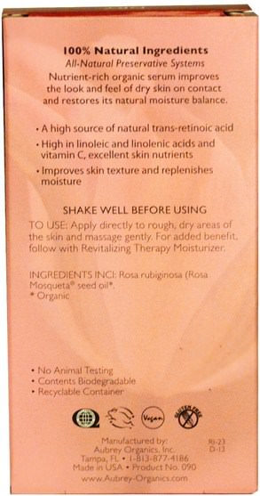 健康，皮膚血清，美容，面部護理，皮膚類型正常至乾性皮膚 - Aubrey Organics, Revitalizing Therapy Serum, Intensive Antioxidant, Dry Skin.33 fl oz (10 ml)