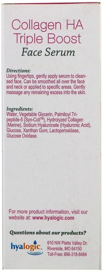 健康，皮膚血清，骨骼，骨質疏鬆症，膠原蛋白 - Hyalogic Collagen HA Triple Boost Face Serum.47 fl oz (13.5 ml)