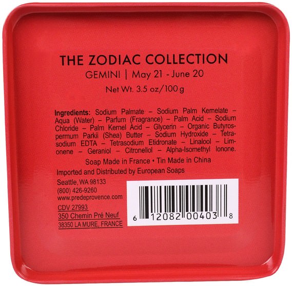 健康，皮膚，乳木果油 - European Soaps, Pre De Provence, The Zodiac Collection, Gemini, 3.5 oz (100 g)
