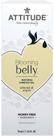 健康，皮膚，妊娠紋疤痕 - ATTITUDE, Blooming Belly, Natural Stretch Oil, Almond & Argan, 2.5 fl oz (75 ml)
