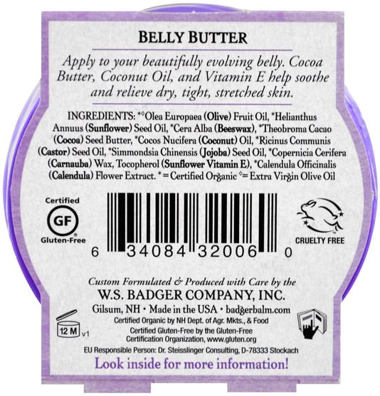 健康，皮膚，妊娠紋疤痕，沐浴，美容，身體護理 - Badger Company, Organic Belly Butter, Cocoa Butter & Calendula, 2 oz (56 g)