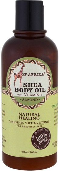 健康，皮膚，妊娠紋疤痕，身體黃油 - Out of Africa, Shea Body Oil, Almond, 9 fl oz (266 ml)