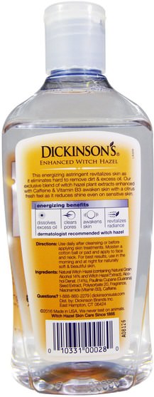 健康，皮膚，金縷梅，美容，面部護理，收斂劑 - Dickinson Brands, Enhanced Witch Hazel, Energizing Astringent, Revitalizing, 16 fl oz (473 ml)