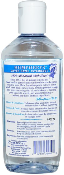 健康，皮膚，金縷梅，美容，面部護理，收斂劑 - Humphreys, Witch Hazel Astringent, 8 fl oz (237 ml)