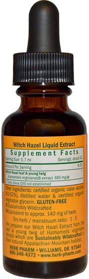 健康，皮膚，金縷梅 - Herb Pharm, Witch Hazel, 1 fl oz (30 ml)