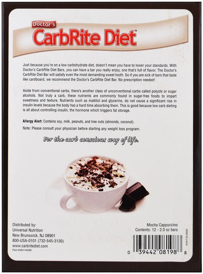 健康，運動，蛋白質棒 - Universal Nutrition, Doctors CarbRite Diet, Mocha Cappuccino, 12 Bars, 2.00 oz (56.7 g)