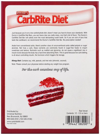 健康，運動，蛋白質棒 - Universal Nutrition, Doctors CarbRite Diet, Red Velvet, 12 Bars, 2.00 oz (56.7 g) Each