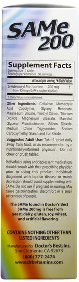 健康，藥物濫用，成癮，sam-e（s-adenosyl methionine），sam-e 200 mg - Doctors Best, SAM-e, 200 mg, 60 Enteric Coated Tablets
