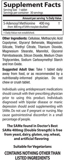 健康，藥物濫用，成癮，sam-e（s-adenosyl methionine），sam-e 400 mg - Doctors Best, SAM-e, 400 mg, Double-Strength, 30 Enteric Coated Tablets