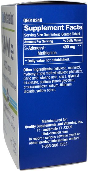 健康，藥物濫用，成癮，sam-e（s-adenosyl methionine），sam-e 400 mg，關節健康 - Life Extension, SAMe (S-Adenosyl-L-Methionine), 400 mg, 60 Enteric Coated Tablets
