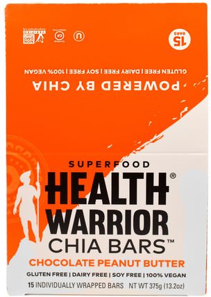 Chia Bars, Chocolate Peanut Butter, 15 Bars, 13.2 oz (375 g) by Health Warrior, 食物，零食，健康零食，補品，營養棒 HK 香港