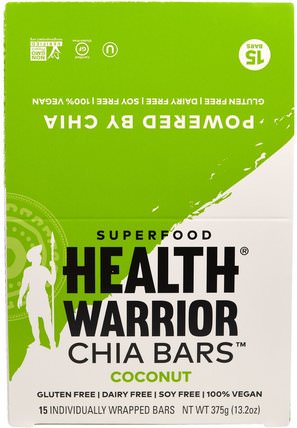 Chia Bars, Coconut, 15 Bars, 13.2 oz (375 g) by Health Warrior, 食物，零食，健康零食，補品，營養棒 HK 香港