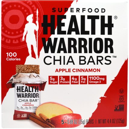 Superfood Chia Bars, Apple Cinnamon, 5 Bars, 0.88 oz (25 g) Each by Health Warrior, 食物，零食，健康零食，補品，營養棒 HK 香港