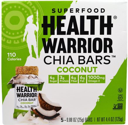 Superfood Chia Bars, Coconut, 5 Bars, 0.88 oz (25 g) by Health Warrior, 食物，零食，健康零食，補品，營養棒 HK 香港